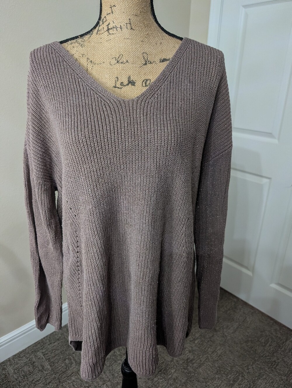 V-Neck Long Sleeve Knit Sweater - Taupe